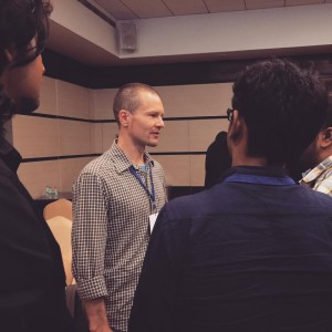 The after party. 'Reconnection' stirred some interest amongst an attendees too. Maksim Varfolomeev, the director of 'Reconnection', answers the questions of the fellow filmmakers. Indian Cine Film Festival, Mumbai, India, September 2015.