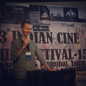 After the screening we were requested to speak. Maksim Varfolomeev, the director of 'Reconnection', gives a talk about the filming process, about Vrindavan and thanks all our crew and people who inspired and supported the film. Indian Cine Film Festival, Mumbai, India, September 2015.