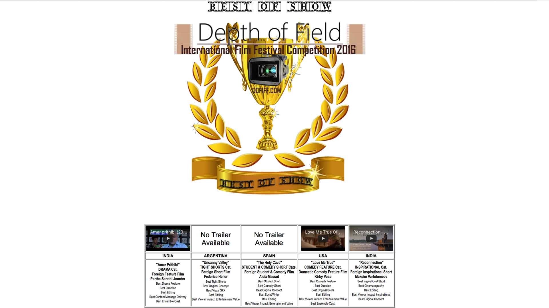 Depth Of Field International Film Competition - Best Of Show Spring 2016